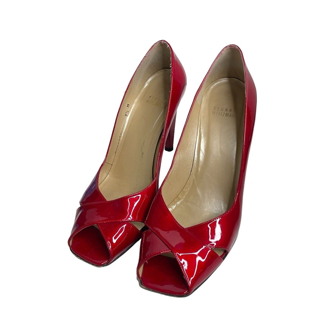 Stuart Weitzman Sashay Candy Apple Red Patent Leather Peep Toe Heels Sz 9.5 a24